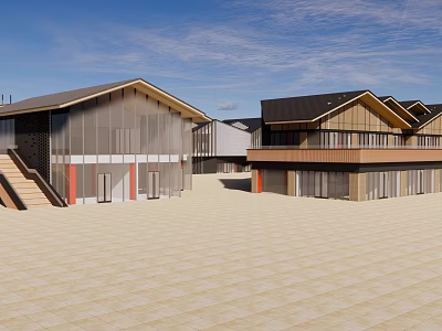 Modern Commercial Street With Wooden Glass Buildings And Open Square Stone Pavement 3d model