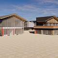 Modern Commercial Street With Wooden Glass Buildings And Open Square Stone Pavement