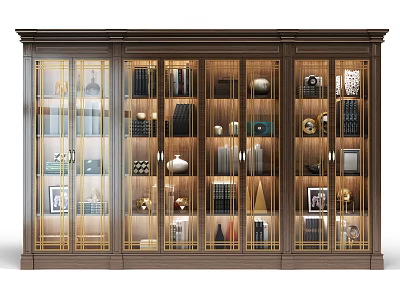 Elegant Wooden Bookcase With Glass Doors And Books Decorative Items Vases Photo Frames 3d model