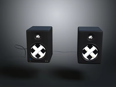 Modern Black Speakers With White Cross Pattern And Connected Wires On Dark Background 3d model