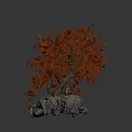 Red Leaf Decorative Tree with Natural Branches on Stone Base and Green Moss
