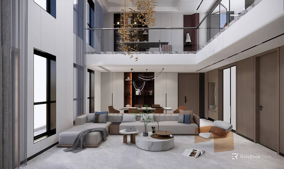 Modern Spacious Duplex Living Room Interior With Chandelier Sofa Set And Coffee Table 3d model