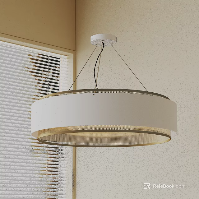 Modern Round White Pendant Light With Metal Trim In Interior With Light Wall And Blinds 3d model 