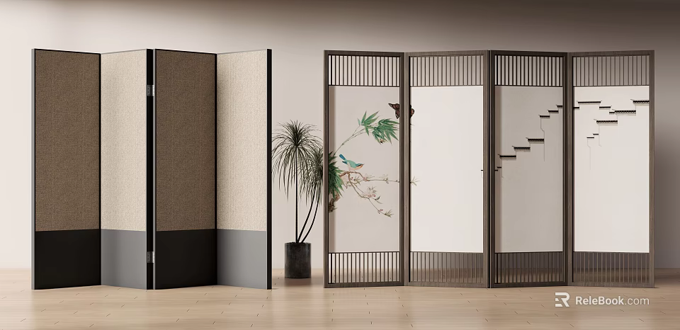 Modern Decorative Room Divider Screens With Bamboo Leaf Bird Patterns And Wooden Frames 3d model