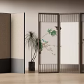 Modern Decorative Room Divider Screens With Bamboo Leaf Bird Patterns And Wooden Frames 3d model