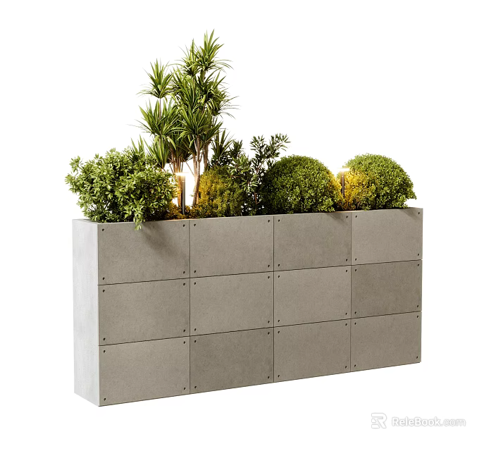 Gray Concrete Modular Planter with Various Green Bonsai Plants and Decorative Shrubs 3d model 