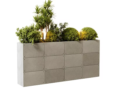 Gray Concrete Modular Planter with Various Green Bonsai Plants and Decorative Shrubs 3d model