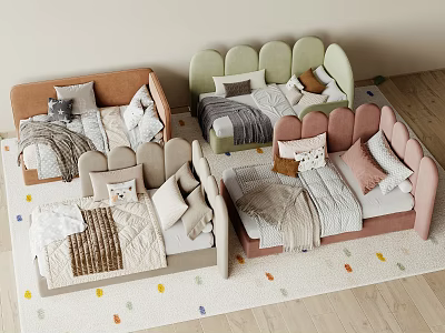 Pastel Colored Baby Cribs With Upholstered Headboards And Soft Bedding Sets In Multiple Tones 3d model