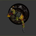 Fierce Green Orc Warrior with Colorful Armor Holding Mechanical Gun and Spiked Axe