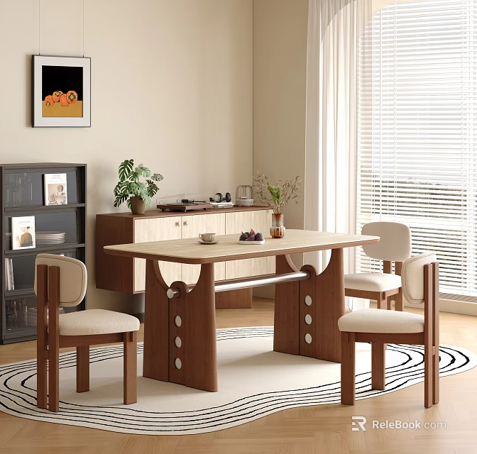 Modern Wooden Dining Table Set with Light Seated Chairs and Decorative Sideboard in Bright Room 3d model 