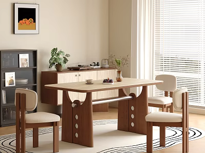 Modern Wooden Dining Table Set with Light Seated Chairs and Decorative Sideboard in Bright Room 3d model