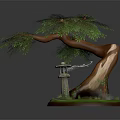 Cartoon Scenic Design With Large Tree Green Leaves Stone Lantern And Green Grass Stones