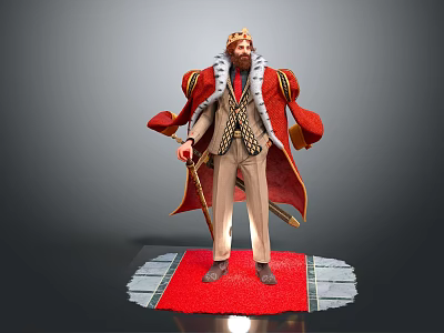 King in Formal Suit With Crown Red Cape Holding Scepter Standing on Red Carpet 3d model