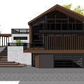 Modern Detached House With Wooden Exterior Terraces Staircase Green Lawn And Trees