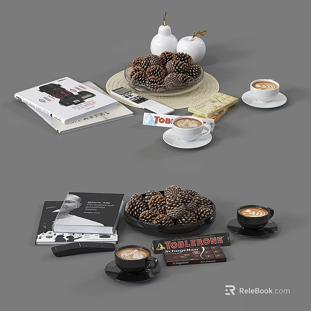 Elegant Decorative Ornament Set with Pinecones Books Coffee Cups and Tray 3d model 
