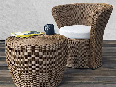 Rattan Leisure Chair with White Cushion and Side Table on Wooden Floor with Gray Wall 3d model