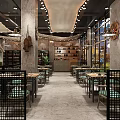 Modern Restaurant Interior With Unique Ceiling Pendant Lights Black Metal Partitions And Green Plants