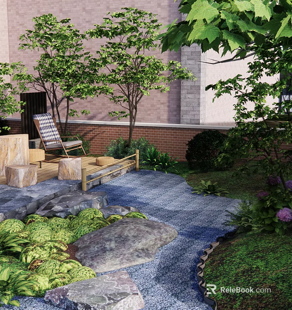 Tranquil Garden Courtyard With Wooden Deck Chaise Lounge Trees Red Brick Wall And Pebble Path 3d model 