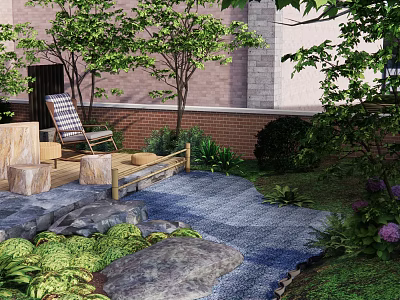 Tranquil Garden Courtyard With Wooden Deck Chaise Lounge Trees Red Brick Wall And Pebble Path 3d model
