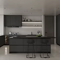 Modern Kitchen Interior With Dark Cabinets Countertop Appliances And Open Shelves