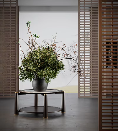 Stylish Bonsai Plant Arrangement In Modern Indoor Space With Decorative Stand 3d model