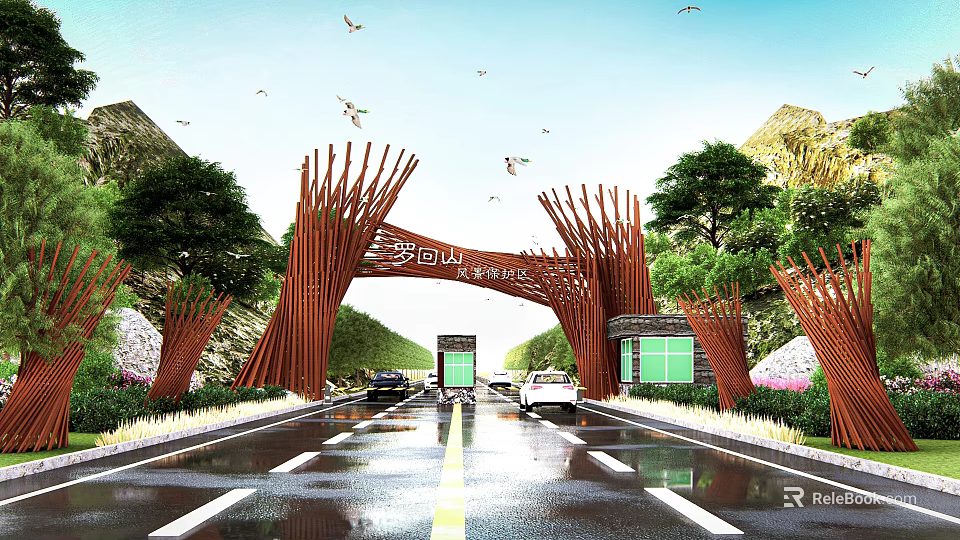 Branch Shaped Wooden Entrance Gate With Mountain Views Trees And Road 3d model 