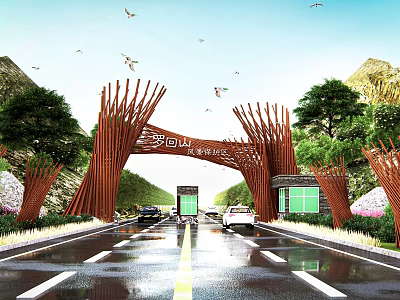 Branch Shaped Wooden Entrance Gate With Mountain Views Trees And Road 3d model