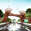 Branch Shaped Wooden Entrance Gate With Mountain Views Trees And Road