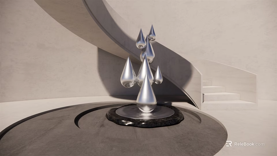 Modern Landscape Sculpture Featuring Silver Droplet Shapes on Black Base with Gray Curved Wall Background 3d model 