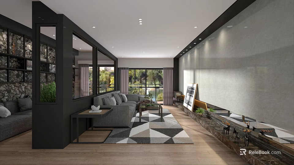 Stylish Modern Living Room With Wooden Floor Grey Sofa Geometric Rug And Large Window View 3d model 