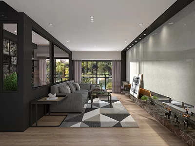Stylish Modern Living Room With Wooden Floor Grey Sofa Geometric Rug And Large Window View 3d model