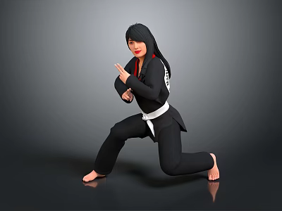Game Movie Female Character In Black Taekwondo Uniform With White Belt And Martial Arts Stance 3d model