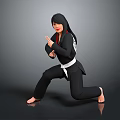Game Movie Female Character In Black Taekwondo Uniform With White Belt And Martial Arts Stance