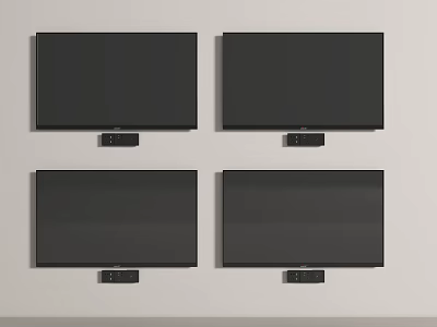 Four Black Televisions Mounted on Wall with Small Devices Below 3d model