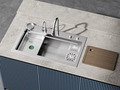Stainless Steel Double Bowl Kitchen Sink With Faucet Stone Countertop And Cutting Board 3d model