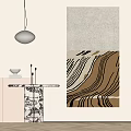 Abstract Linear Pattern Wall Art With Marble Table And White Pendant Light In Modern Interior 3d model