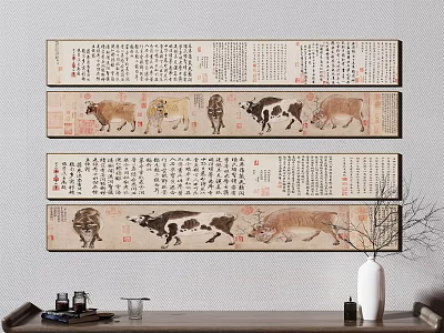 Animal Paintings Featuring Cows On Scrolls With Calligraphic Text For Decorative 3d model