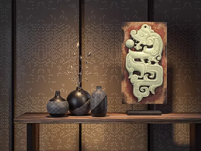 Traditional Style Decorative Ornament Set with Black Vases and Green Carved Panel on Wooden Shelf 3d model