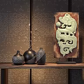 Traditional Style Decorative Ornament Set with Black Vases and Green Carved Panel on Wooden Shelf