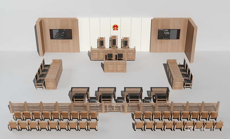 Functional Table in Courtroom Setting with Wooden Layout Main Table Spectator Seats and Chairs 3d model 
