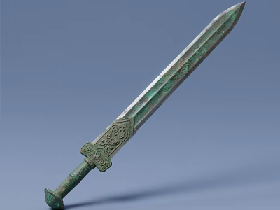 Traditional Ceramic Ware Sword Featuring Bronze Hue And Intricate Carvings 3d model