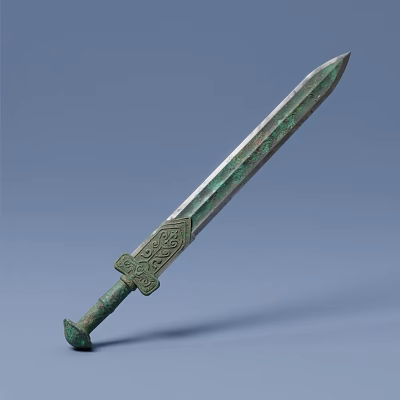 Traditional Ceramic Ware Sword Featuring Bronze Hue And Intricate Carvings 3d model
