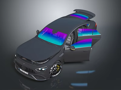 Modern Black Sports Car With Open Doors Colorful Reflective Roof And Windows 3d model