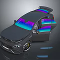 Modern Black Sports Car With Open Doors Colorful Reflective Roof And Windows