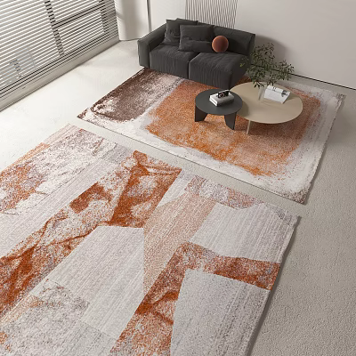 Square Rugs With Orange And White Abstract Geometric Patterns In Living Room 3d model