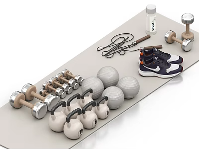 Essential Fitness Equipment Set With Dumbbells Kettlebells Medicine Balls Jump Rope Water Bottle And Sneakers 3d model