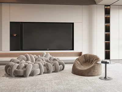 Comfortable Gray Knitted And Beige Single Bean Bag Sofas In Modern Living Room With TV Wall 3d model