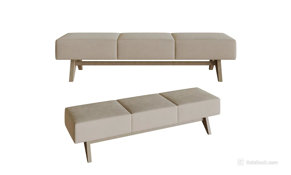 Beige Upholstered Three Seat Bench With Cushioned Seats And Wooden Legs Modern Design 3d model 