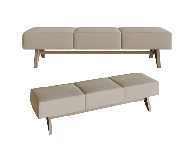 Beige Upholstered Three Seat Bench With Cushioned Seats And Wooden Legs Modern Design 3d model