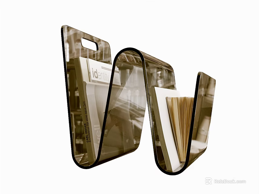 Modern Wavy Bookshelf With Glass Panels And Books On Shelves 3d model 